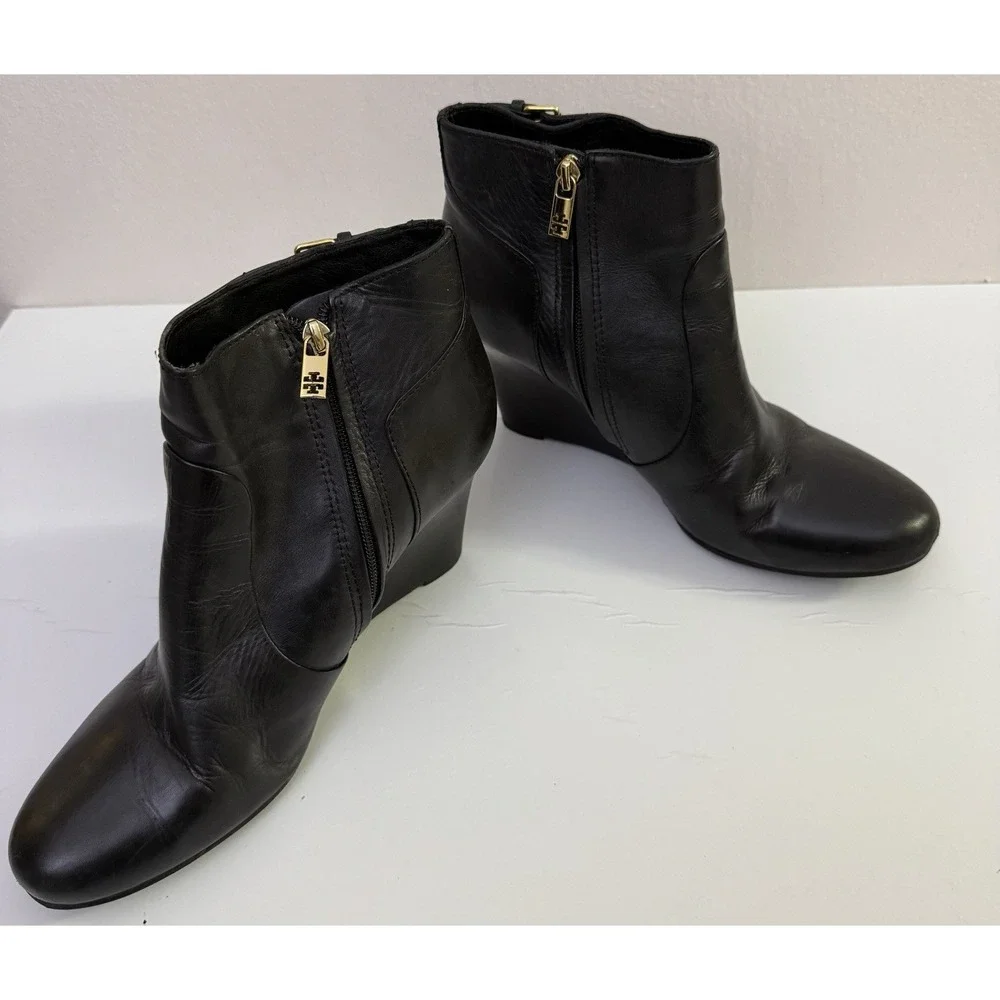 TORY BURCH Milan Wedge Bootie Black‎ Leather Size 11